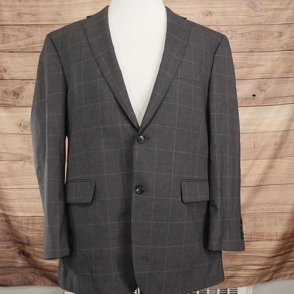 Jos. A. Bank Suit Jacket Mens Large 43R Gray Check Wool 2 Button Notch Lapel